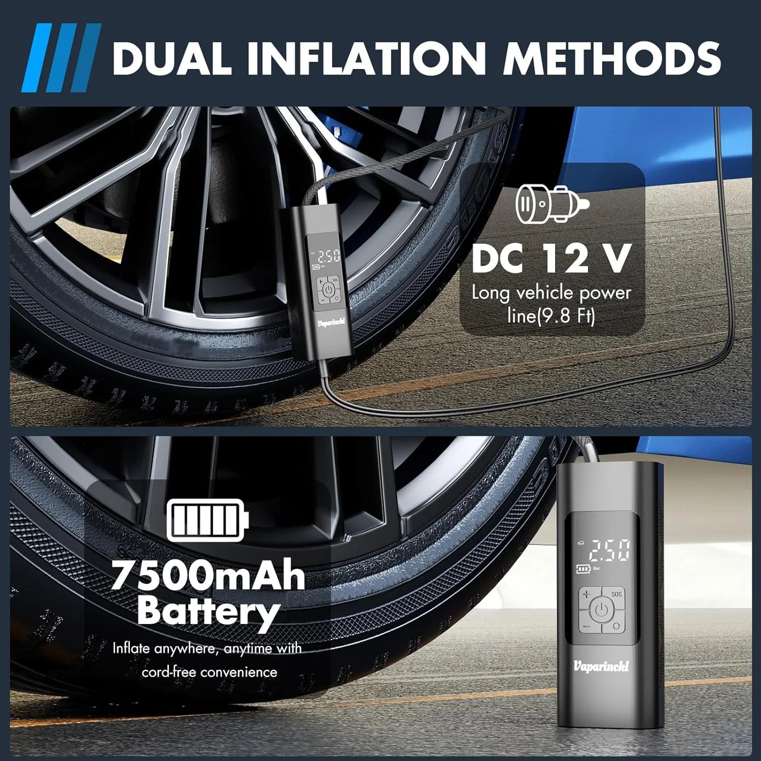 Tire Inflator Portable Air Compressor, 150Psi Cordless Air Pump for Car Tires, Digital Pressure Gauge, Automatic Shutoff