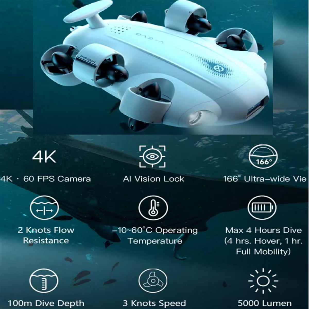 Fifish 100M Underwater Mini Rov Robot Fish Finder Drone 4K Camera RC FPV Drone Motor 6 Axis VR Fishing Drone with Arm