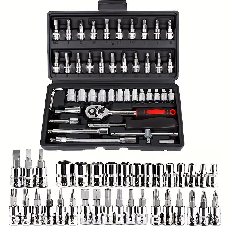 46-Piece Auto Repair Tool Set Quick Small Fly Ratchet Screwdriver Combination with Hard Case Plastic Hand Tool Kit