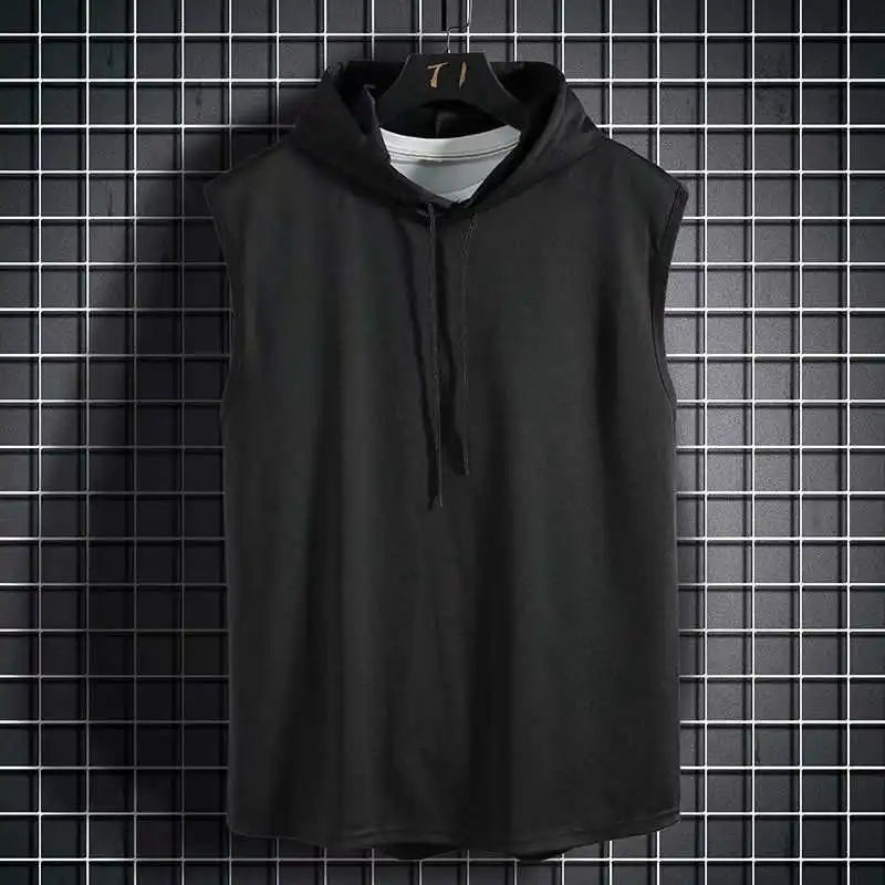 Men Tie Collar Hooded Sleeveless Vests Male Summer Loose Solid Hip Hop Tee Shirt Tops